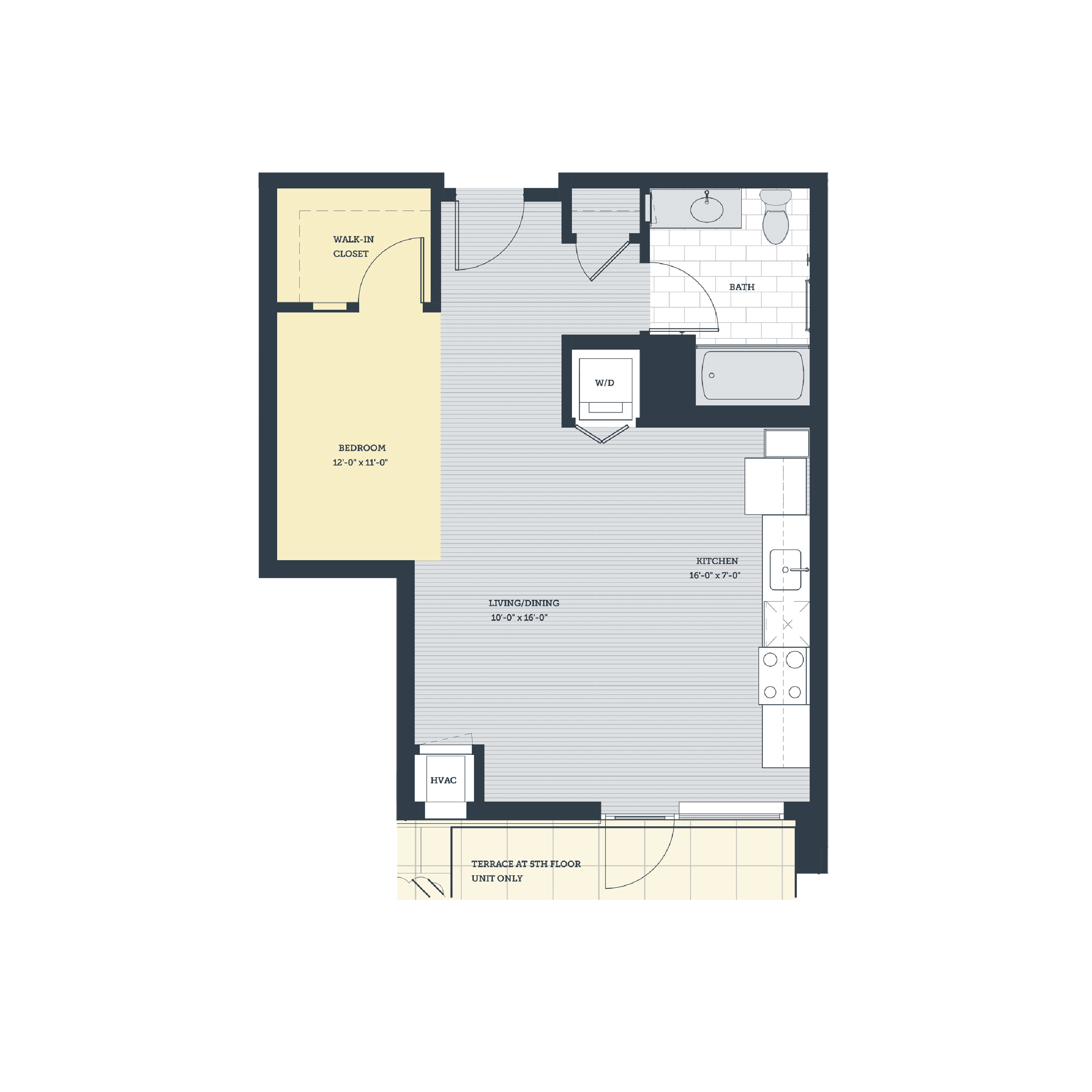 Floor plan for studio, 1 bath, 601 sqft